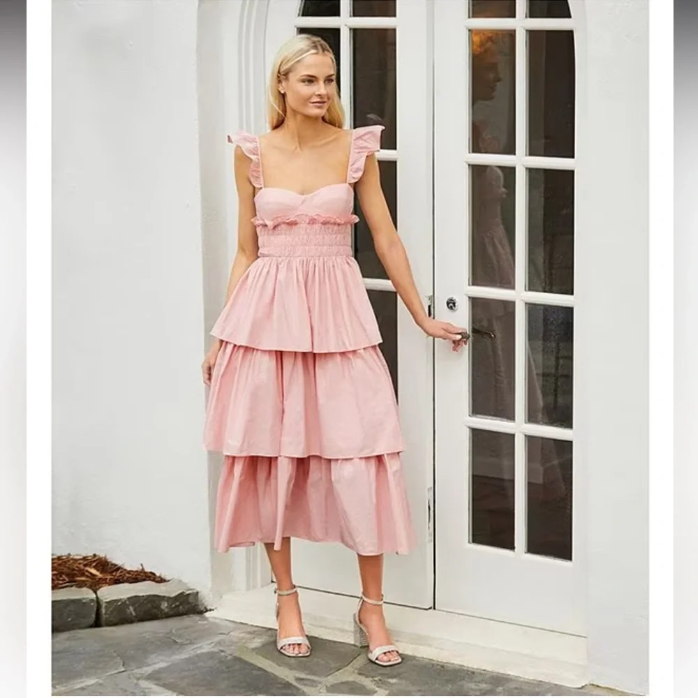 NWT ANTONIO MELANI Leila Sweetheart Neck Taffeta Smocked Tiered Midi Dress - Picture 1 of 9